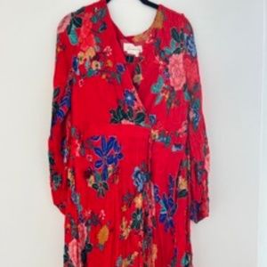 Red floral faux wrap knee length boho style Anthropologie dress